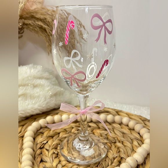 Handmade Custom RARE Christmas Pink Core Bow Candy Cane Coquette Wine Glass 18oz - Picture 1 of 1